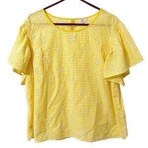 Crown & Ivy Top Women's XXL Yellow White Checkered GIngham Eyelet Blouse Preppy
